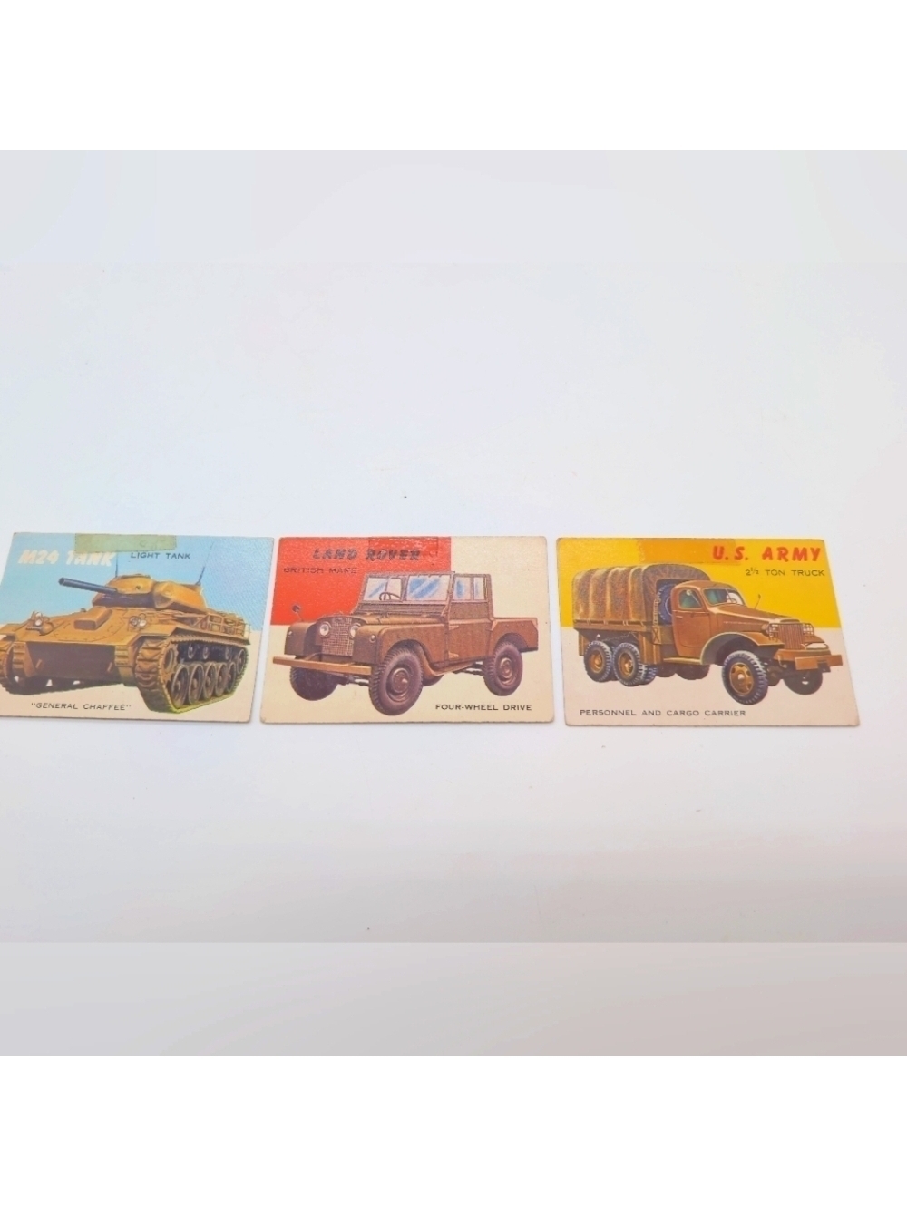 1954 Topps Car Card Set 3 Military Vehicles Land Rover, 2-1/2 Ton M 24 Tank